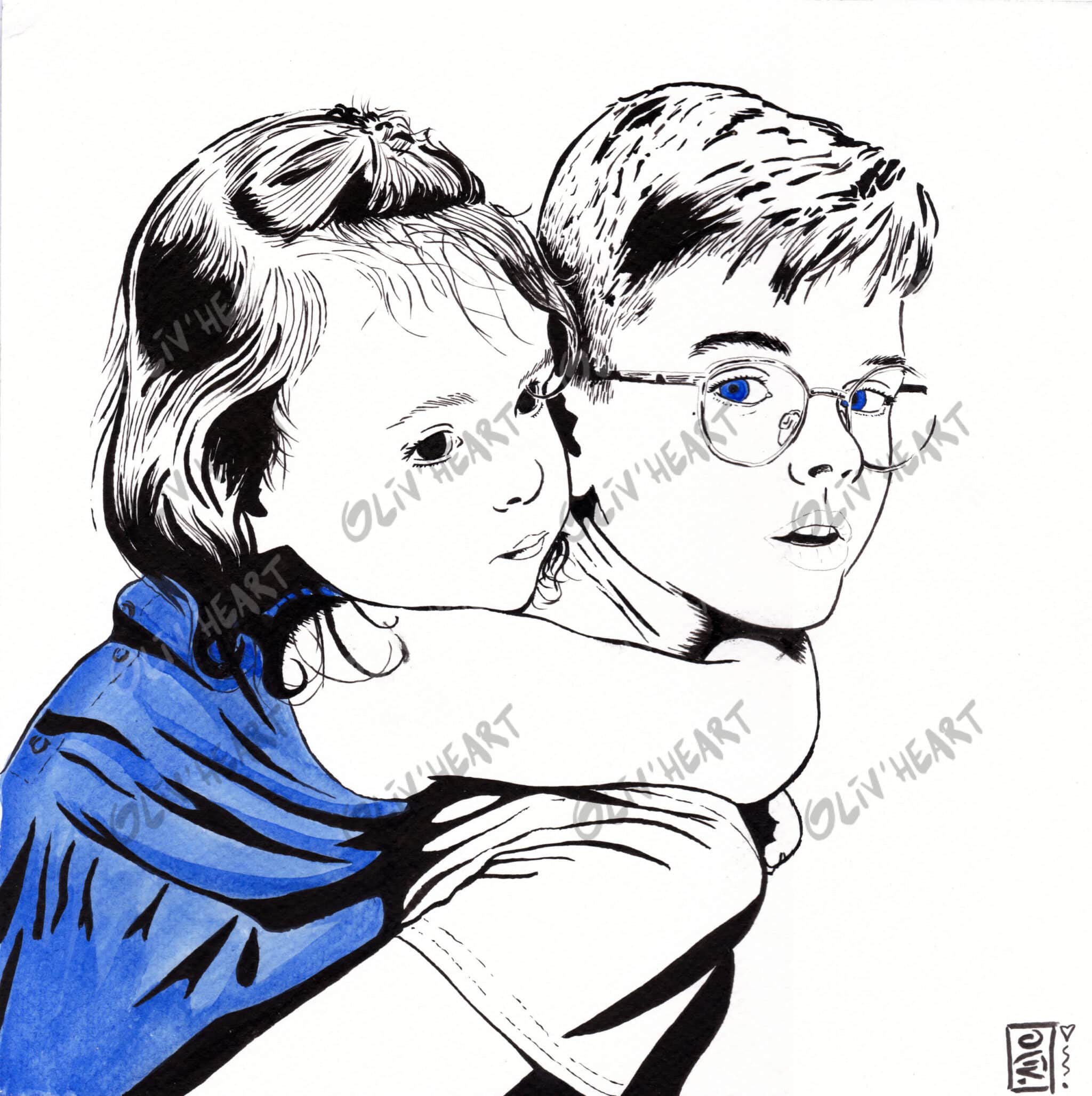 Portrait enfants sur photo traditionnel - encre et aquarelle