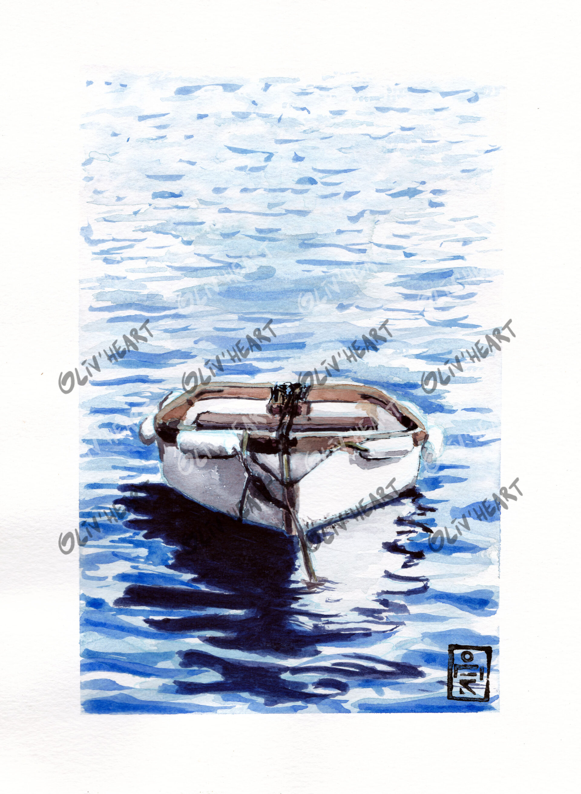 paysage mer et bateau – illustration aquarelle