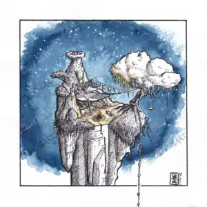 Encre et aquarelle - Paysage imaginaire, une île volant dans un ciel nocturne et son campement