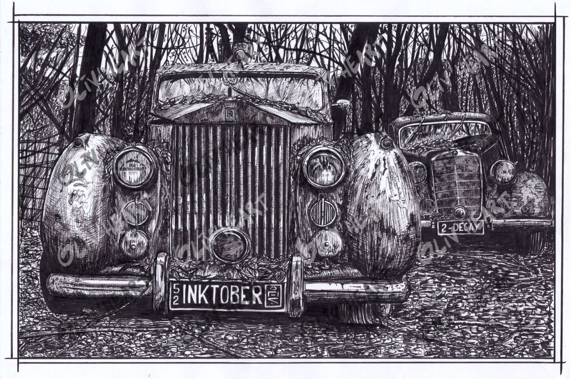 Croquis à l'encre forêt et vielle rolls - Illustration à l'encre