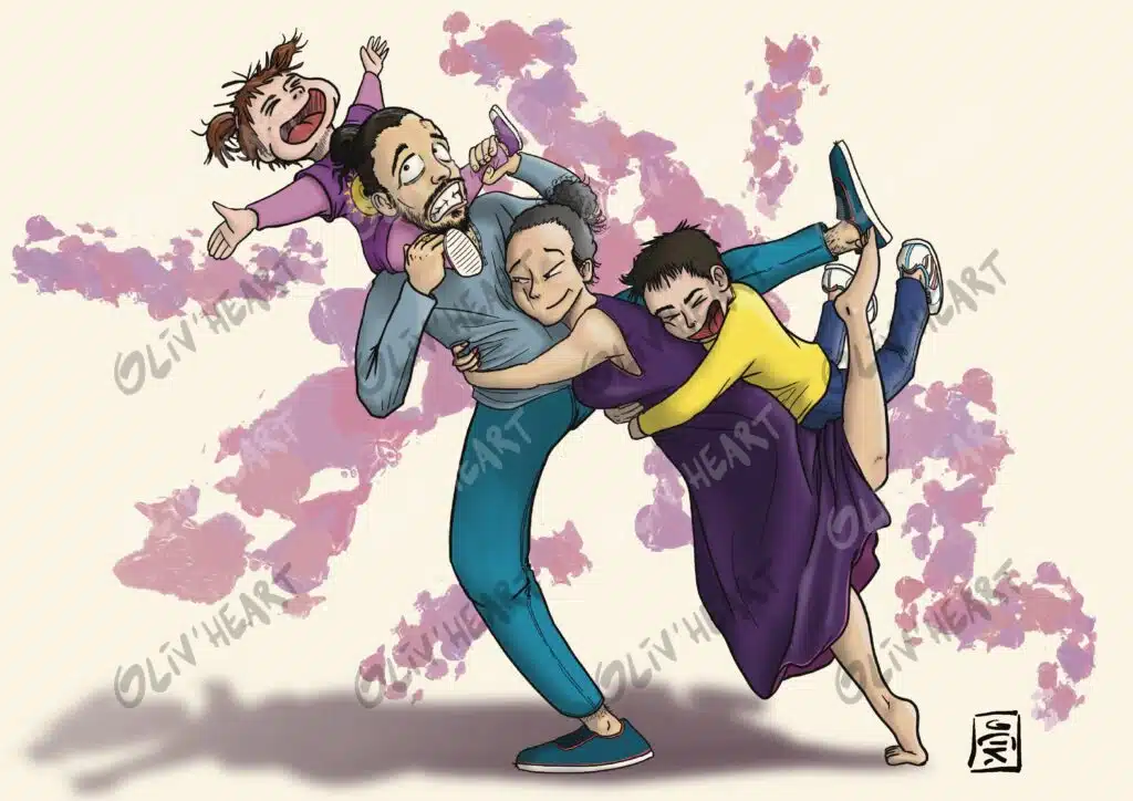 Devis et tarifs 8 Caricature personnalisée traditionnelle Famille Oliv'heart illustrateur