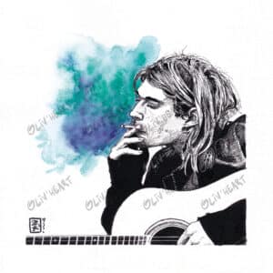 Illustrations pop culture Portrait stylisé de Kurt Cobain - Encre et aquarelle