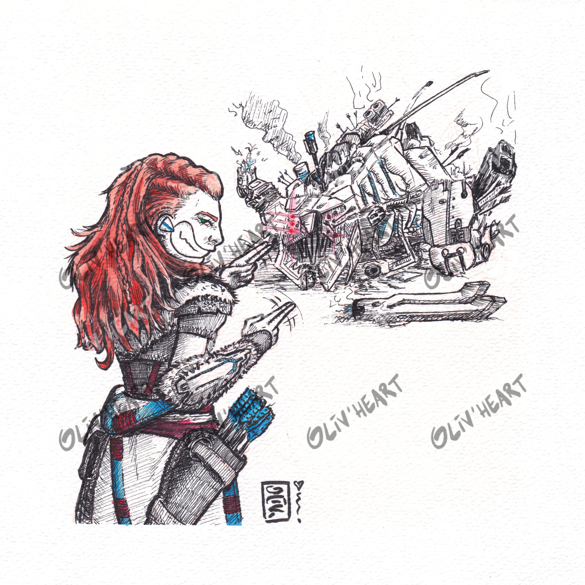 Aloy qui célèbre sa victoire - Encre et aquarelle - fan-art Horizon