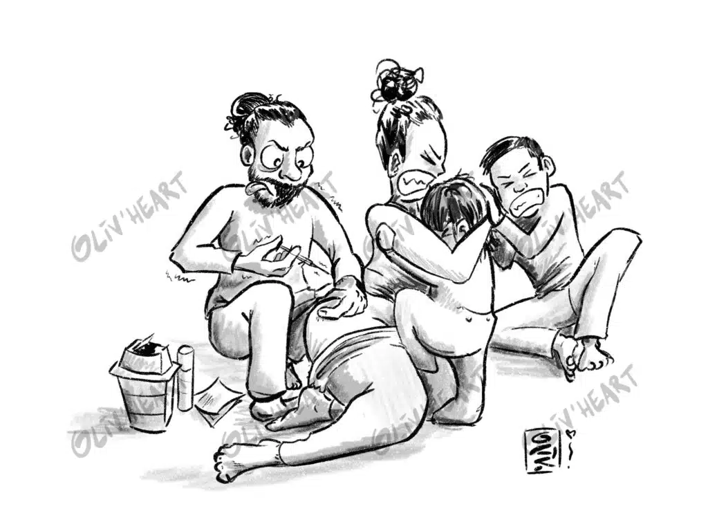 Devis et tarifs 20 caricature personnalisée - étape de PMA piqure en famille