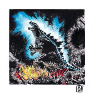 Affiche Scène de destruction par Godzilla - fan-art - Encre et aquarelle