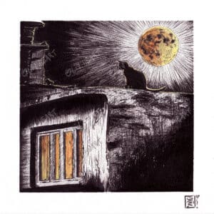 paysage urbain nocturne et chat – illustration encre et aquarelle