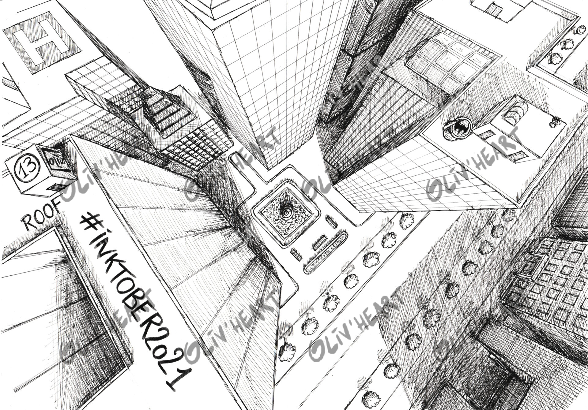 Paysage urbain imaginaire - encre