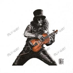 Portrait amusant du guitariste Slash avec un violon à la place de sa guitare - Encre et aquarelle