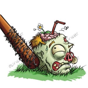 boutique illustrations stickerTete de zombie face à Lucille de Walking dead - fan art amusant