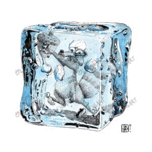 Illustration pop culture amusante Scrat pris dans un glaçon fan-art encre et aquarelle