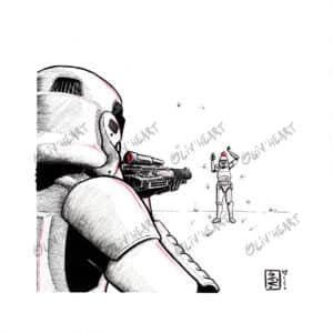 Illustration burlesque stormtrooper se prend pour Guillaume Tell fan-art encre et aquarelle