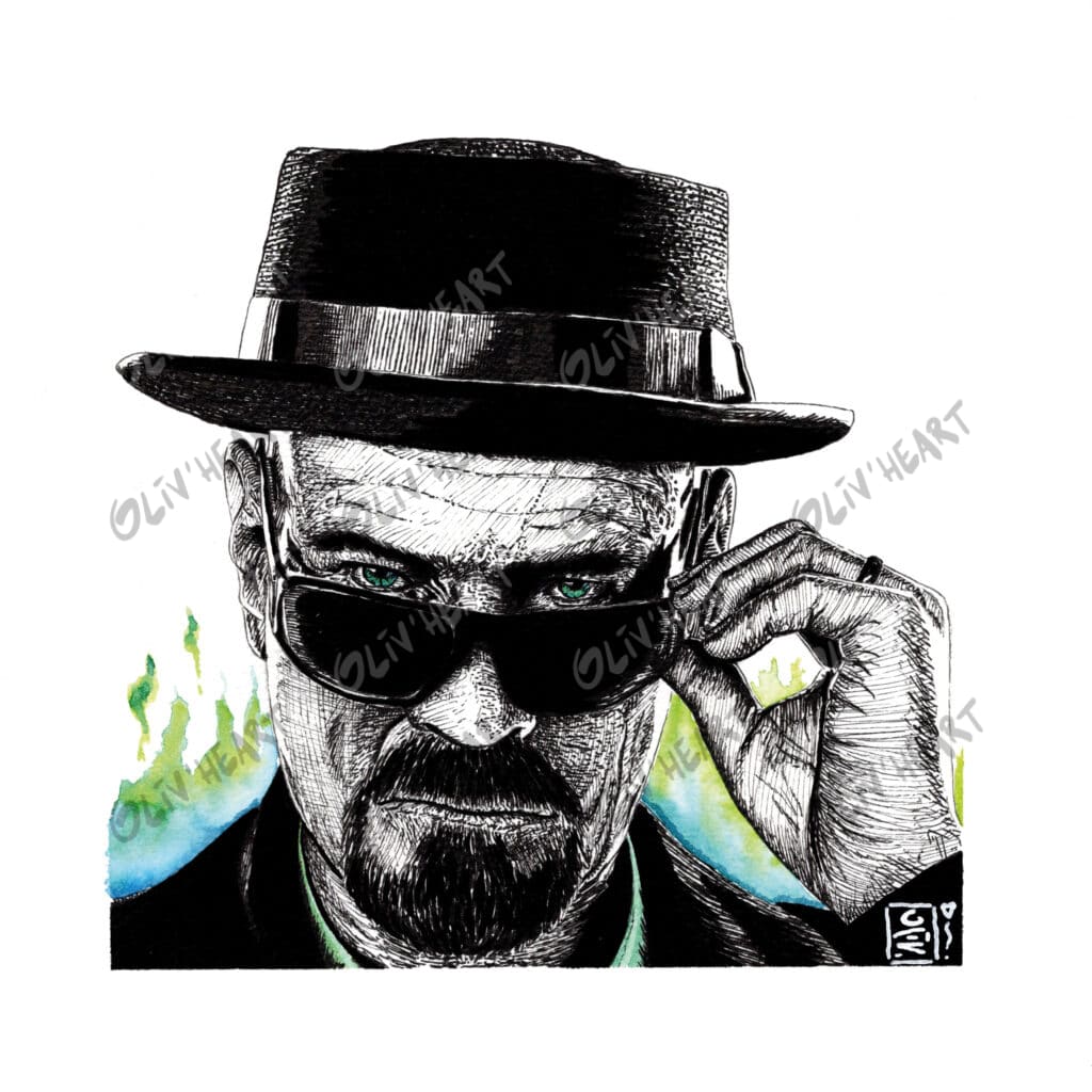 Portrait encre et aquarelle de Walter White - fan art breaking bad