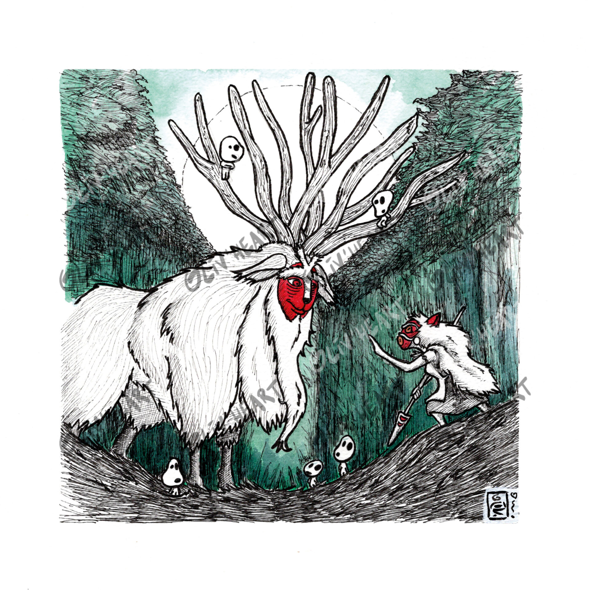 Illustration figurative fan-art Princesse Mononoke San et Shishigami