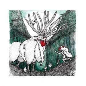 Illustration figurative fan-art Princesse Mononoke San et Shishigami
