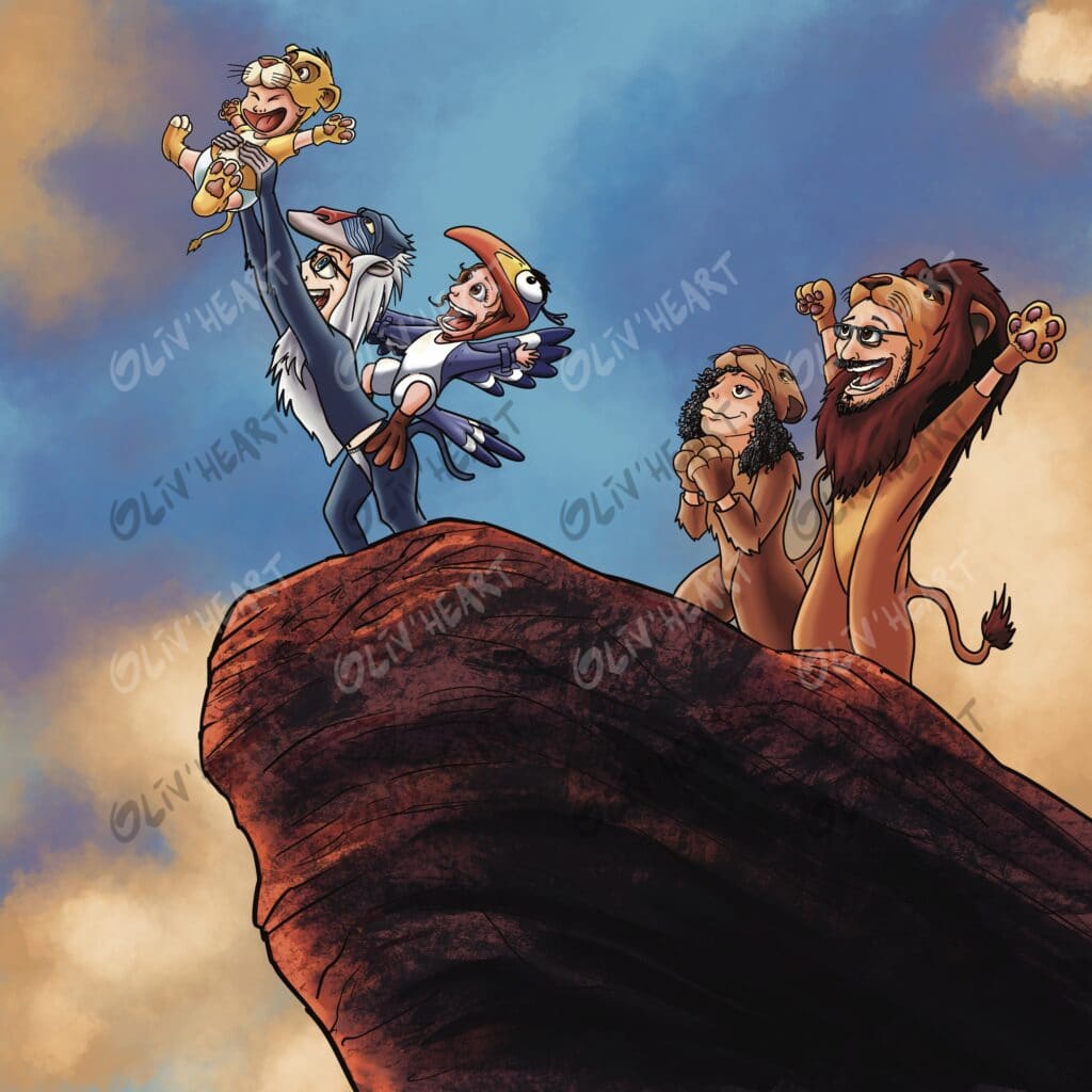 Illustration caricaturale personnalisée sur la thématique Le Roi Lion pour un faire part de naissance