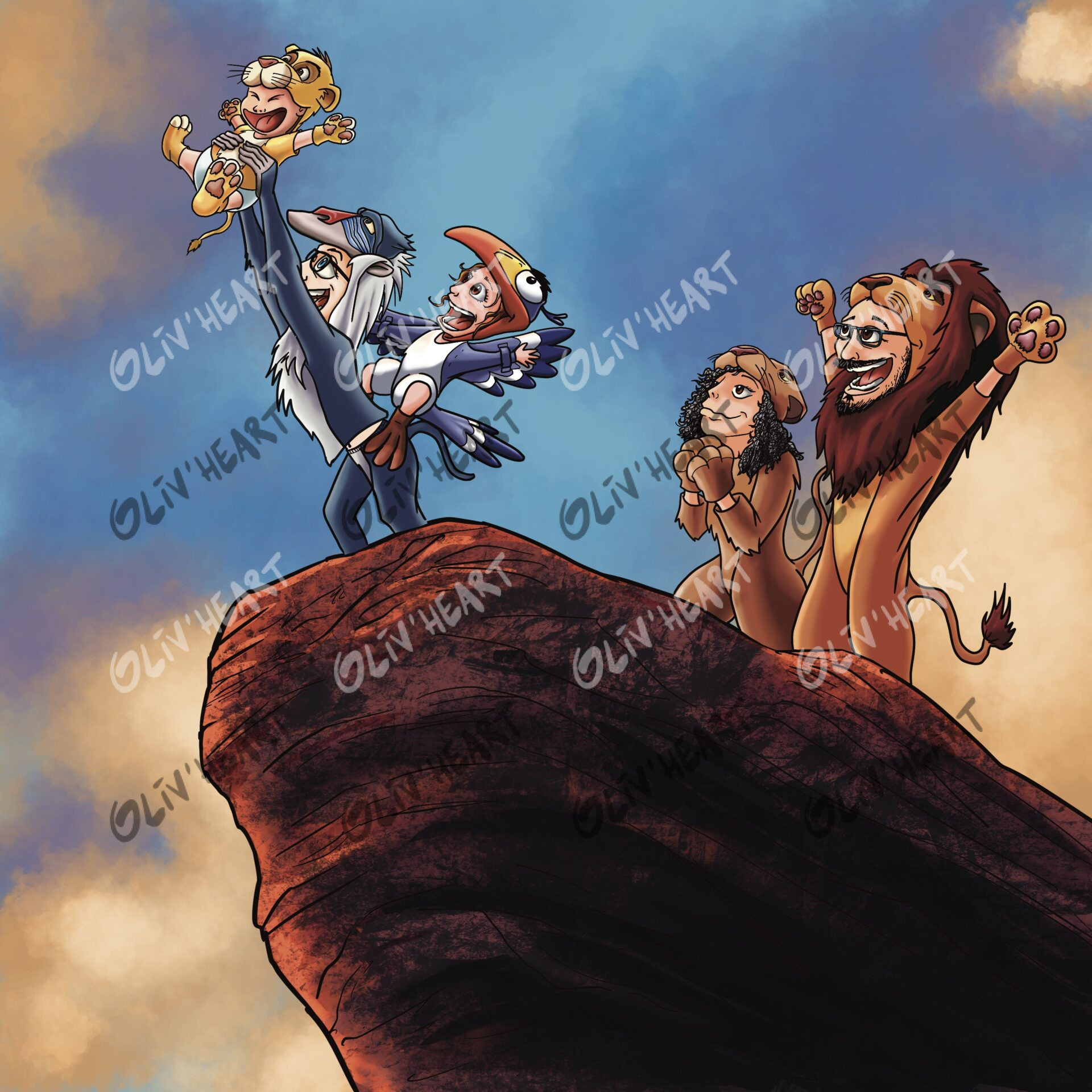 Illustration caricaturale personnalisée sur la thématique Le Roi Lion pour un faire part de naissance