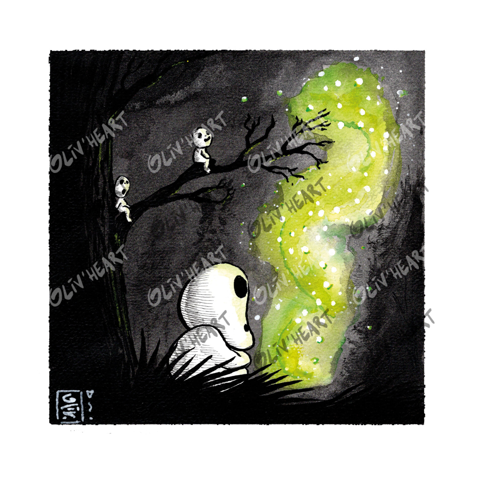 Illustration poétique fan-art Princesse mononoke lucioles et Sylvains