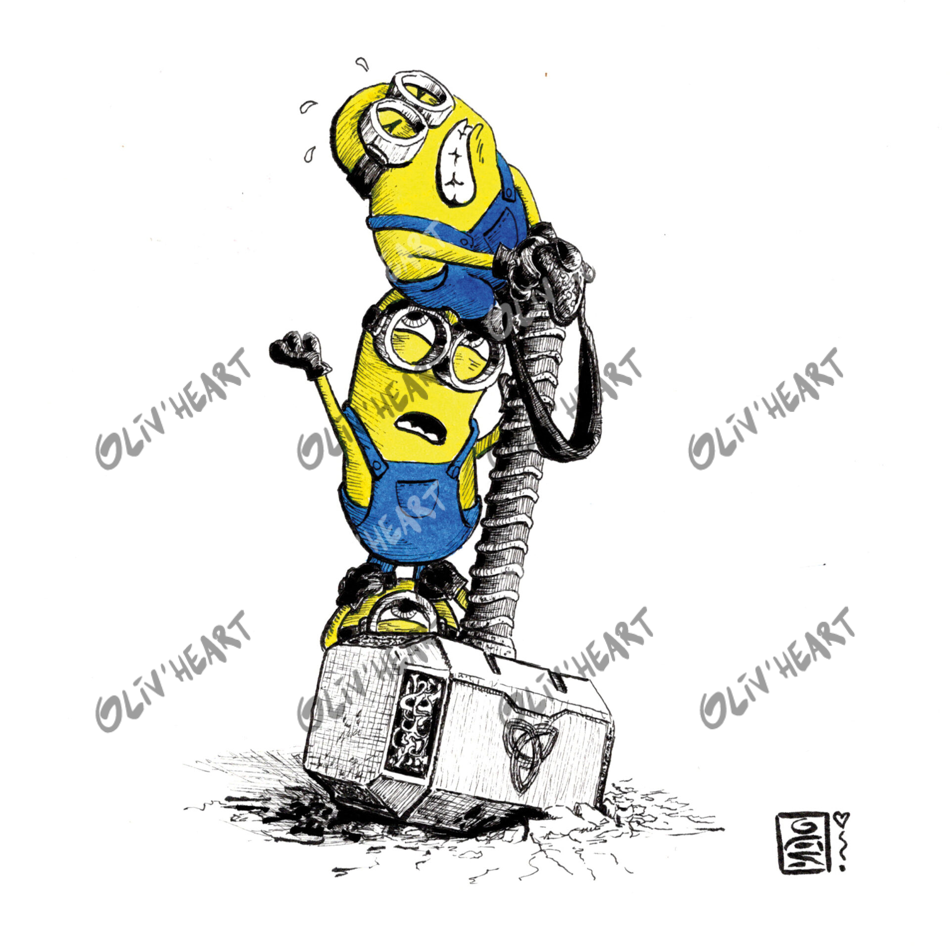 Situation humoristique encre et aquarelle fan-art Minion et Mjolnir