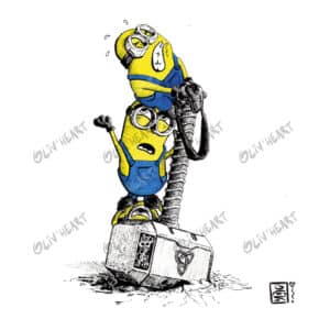 Situation humoristique encre et aquarelle fan-art Minion et Mjolnir