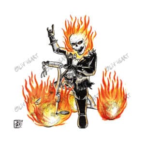 Situation humoristique encre et aquarelle fan-art Hellrider sur un tricycle