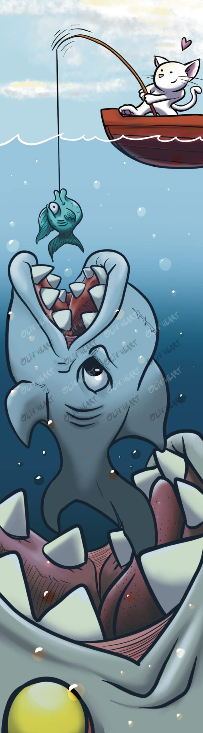 boutique illustrations Marque-page avec personnage original et amusant récurent - Chat qui pêche