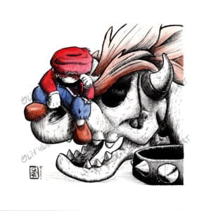 Illustration décalée fan-art Mario Bowser vaincu Encre et aquarelle