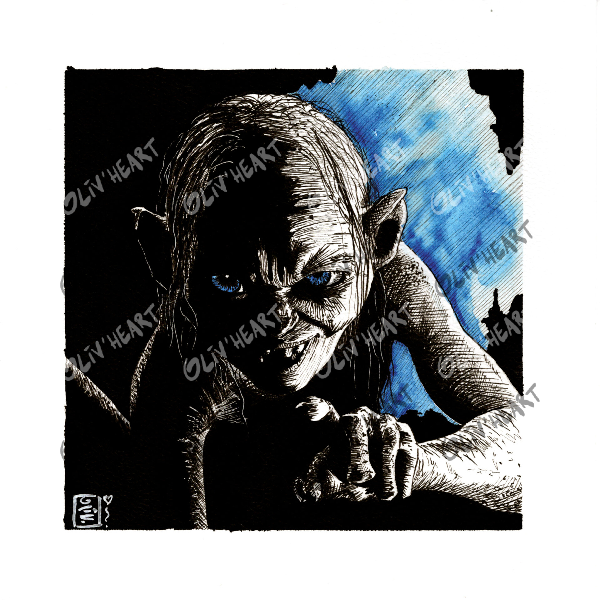 Portrait graphique fan-art Lord of the ring Gollum - encre et aquarelle