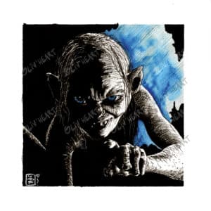 Portrait graphique fan-art Lord of the ring Gollum - encre et aquarelle