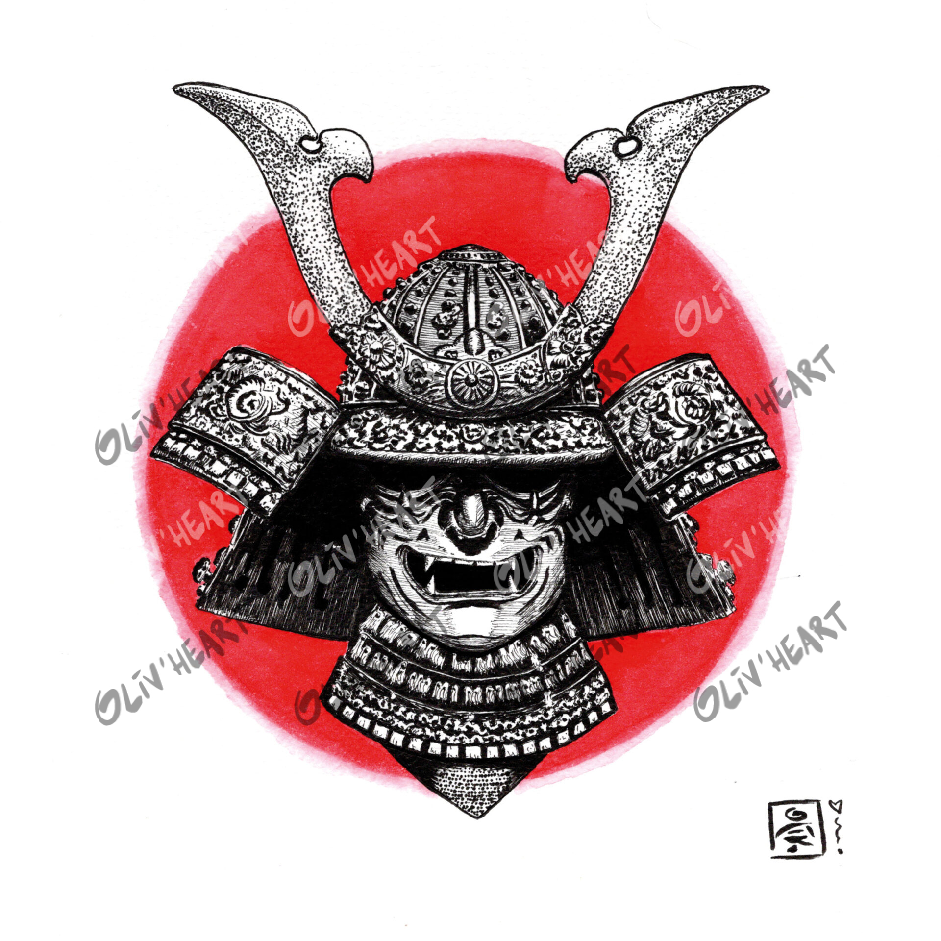 Illustration décorative culture japonaise - kabuto Samurai finement décoré - encre et aquarelle