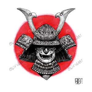 Illustration décorative culture japonaise - kabuto Samurai finement décoré - encre et aquarelle