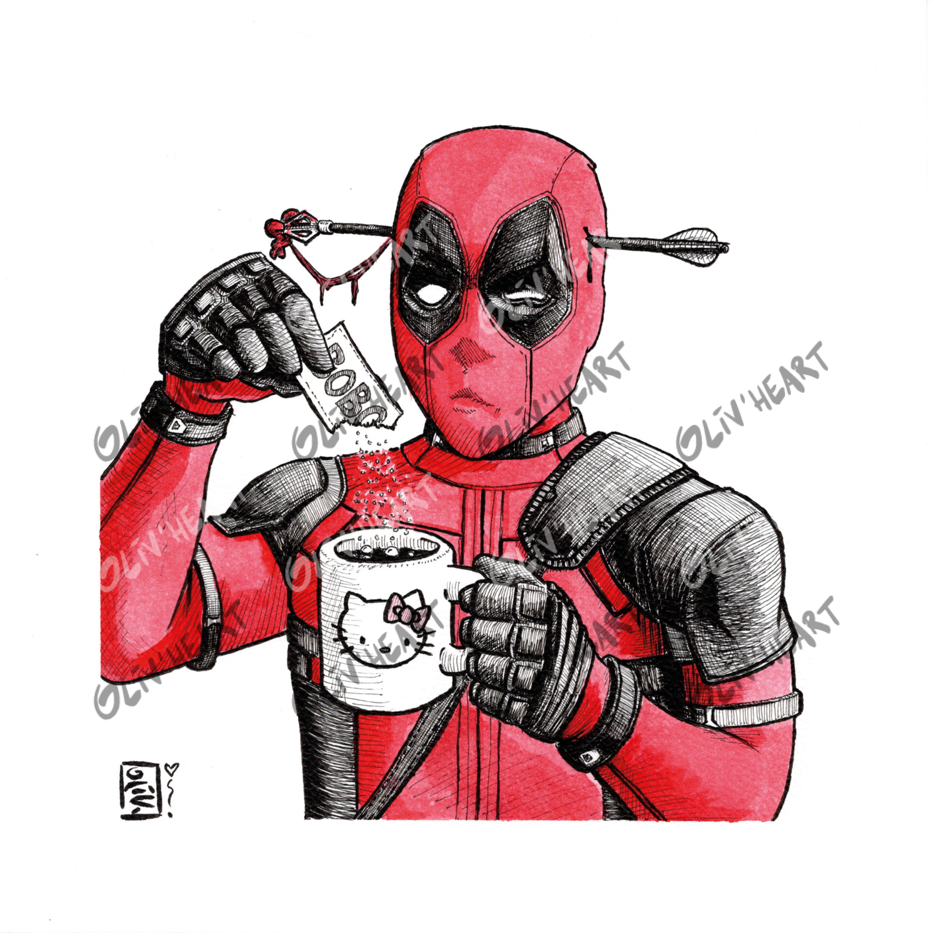 Situation humoristique encre et aquarelle fan-art Deadpool mal de crâne café