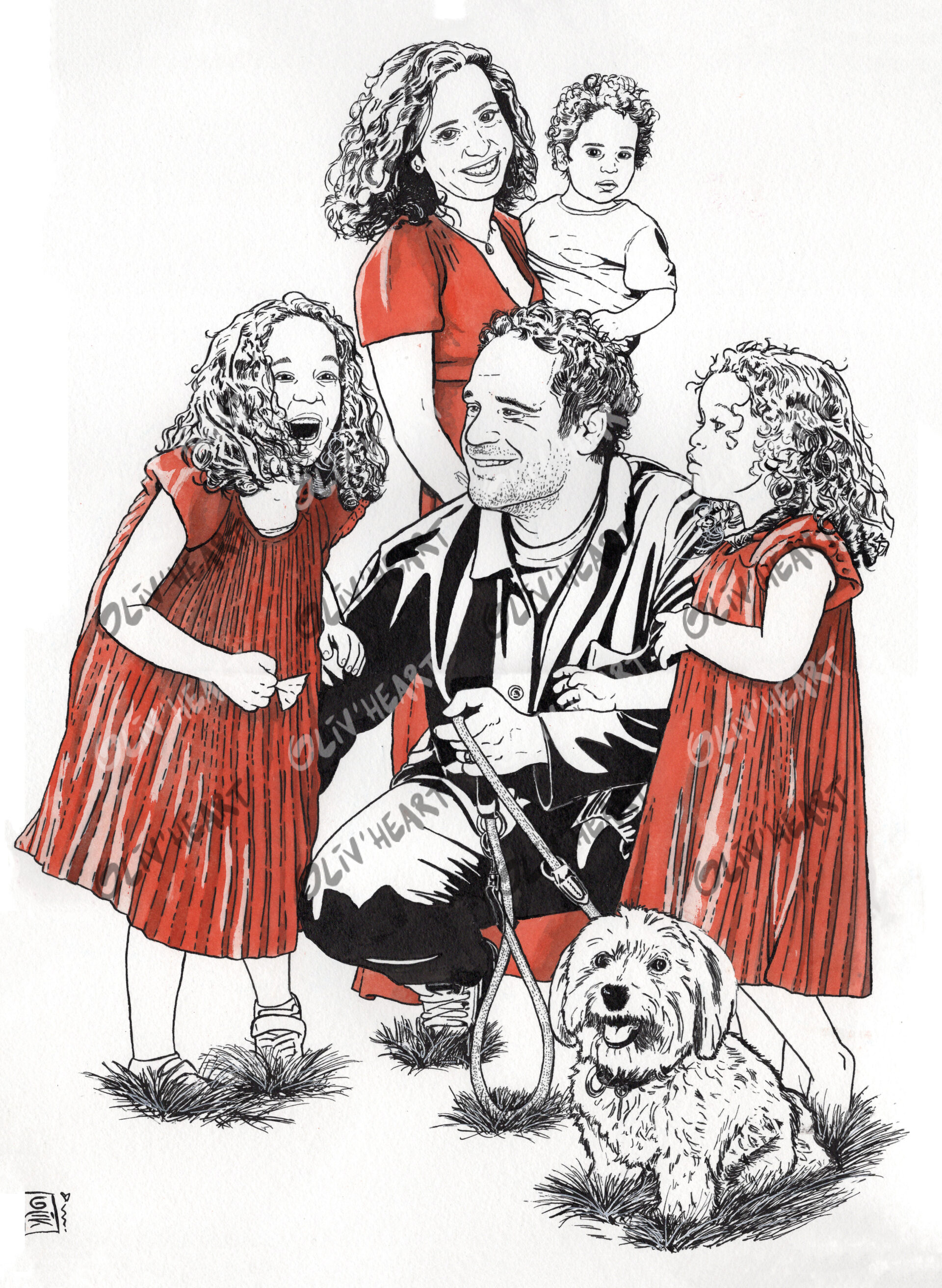 Commande de portrait famille traditionnel sur photo - encre et aquarelle