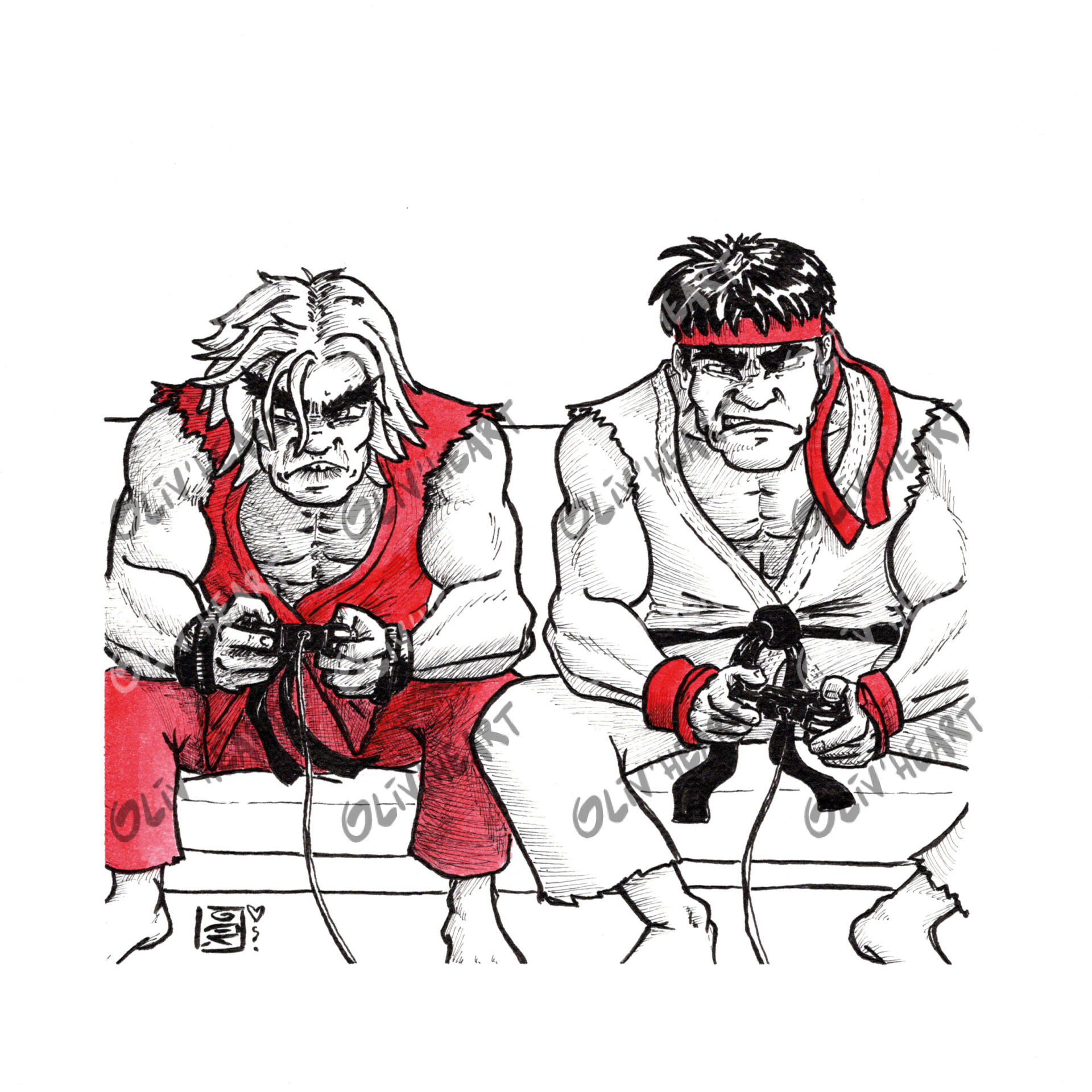Situation humoristique encre et aquarelle fan-art Street fighter Ryu et Ken