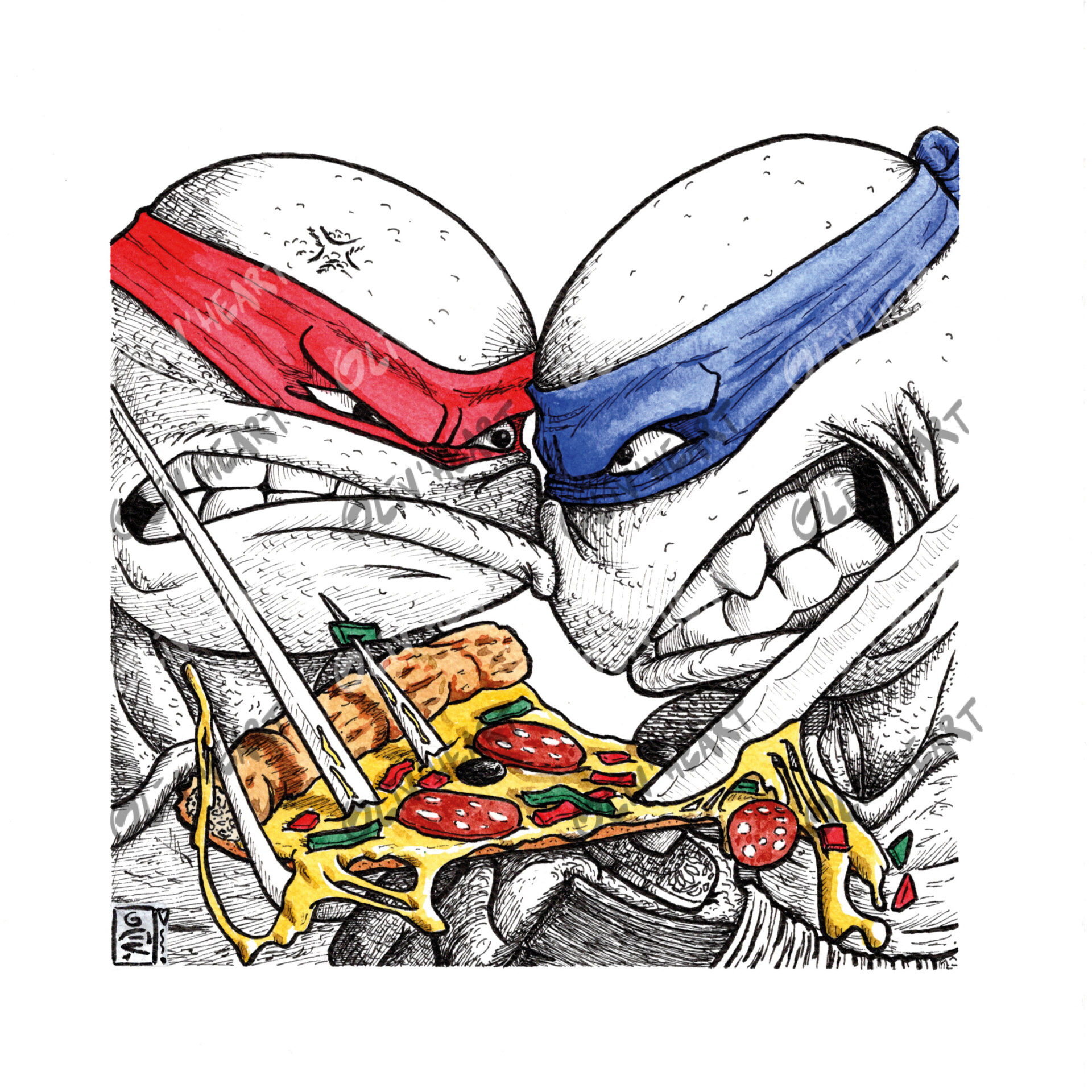 Situation humoristique encre et aquarelle fan-art Tortues ninja et pizza