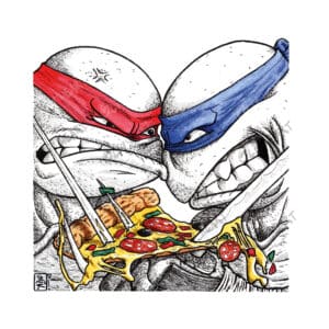 Situation humoristique encre et aquarelle fan-art Tortues ninja et pizza