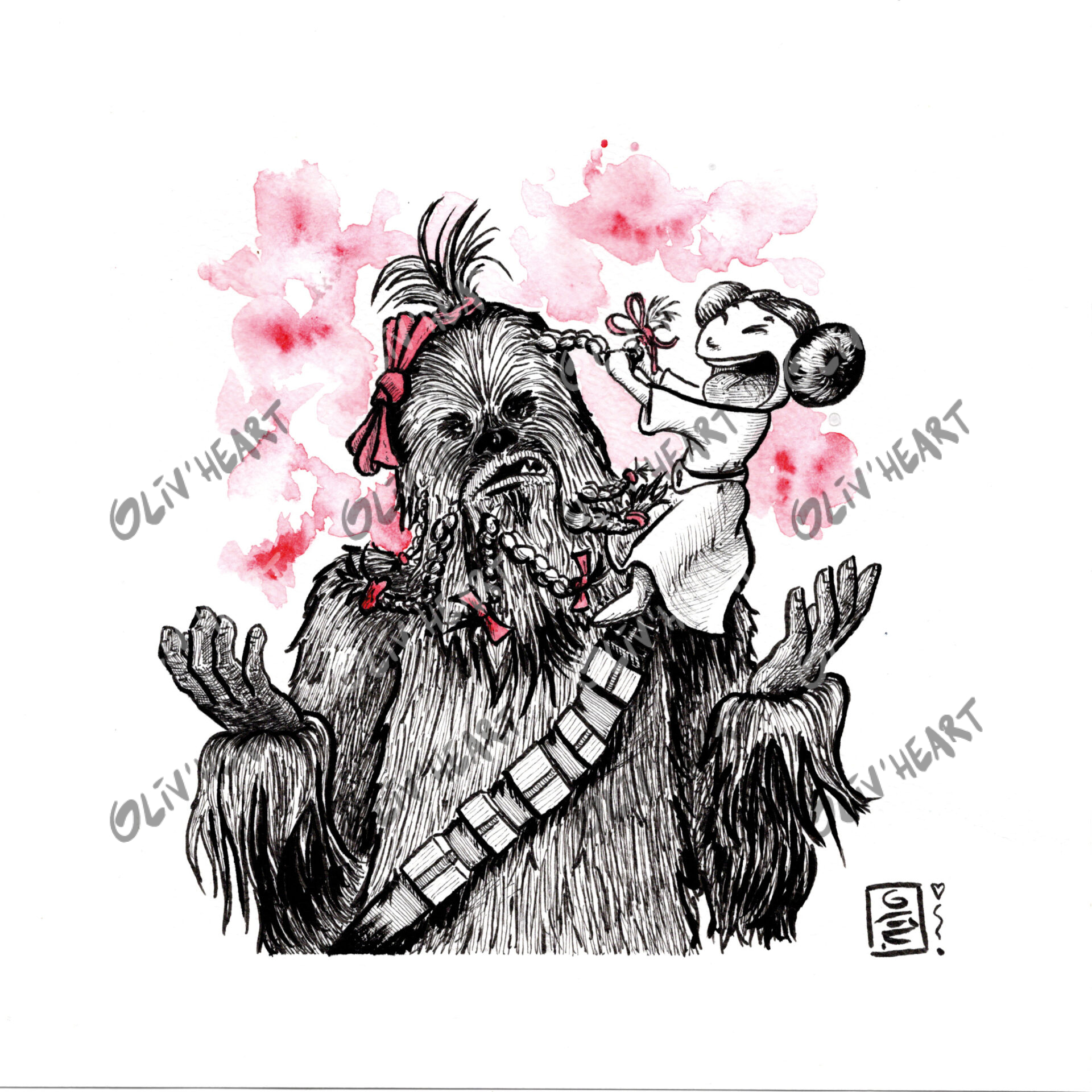 Situation humoristique encre et aquarelle fan-art Starwars Chewbacca et Leia pop culture