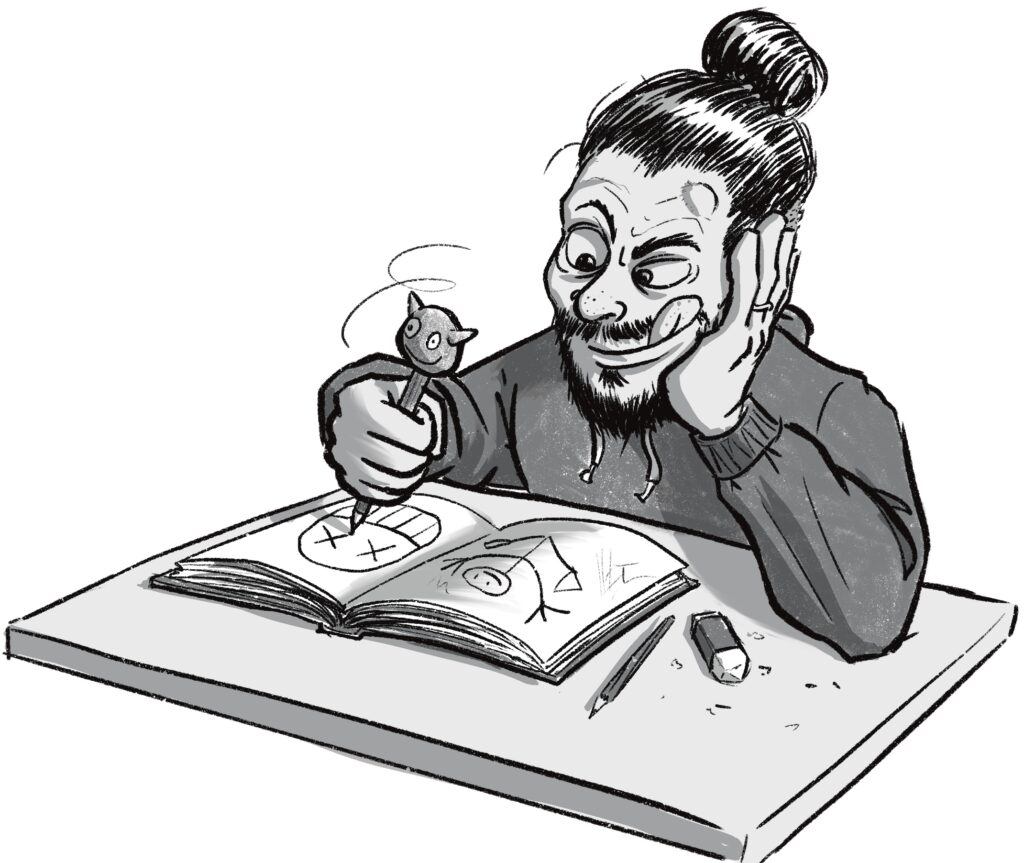 Caricature d’Olivier, l’illustrateur d’Oliv’Heart, en plein dessin