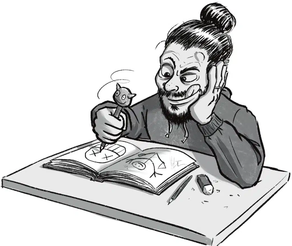 À propos d’Oliv’Heart 2 Caricature d’Olivier, l’illustrateur d’Oliv’Heart, en plein dessin