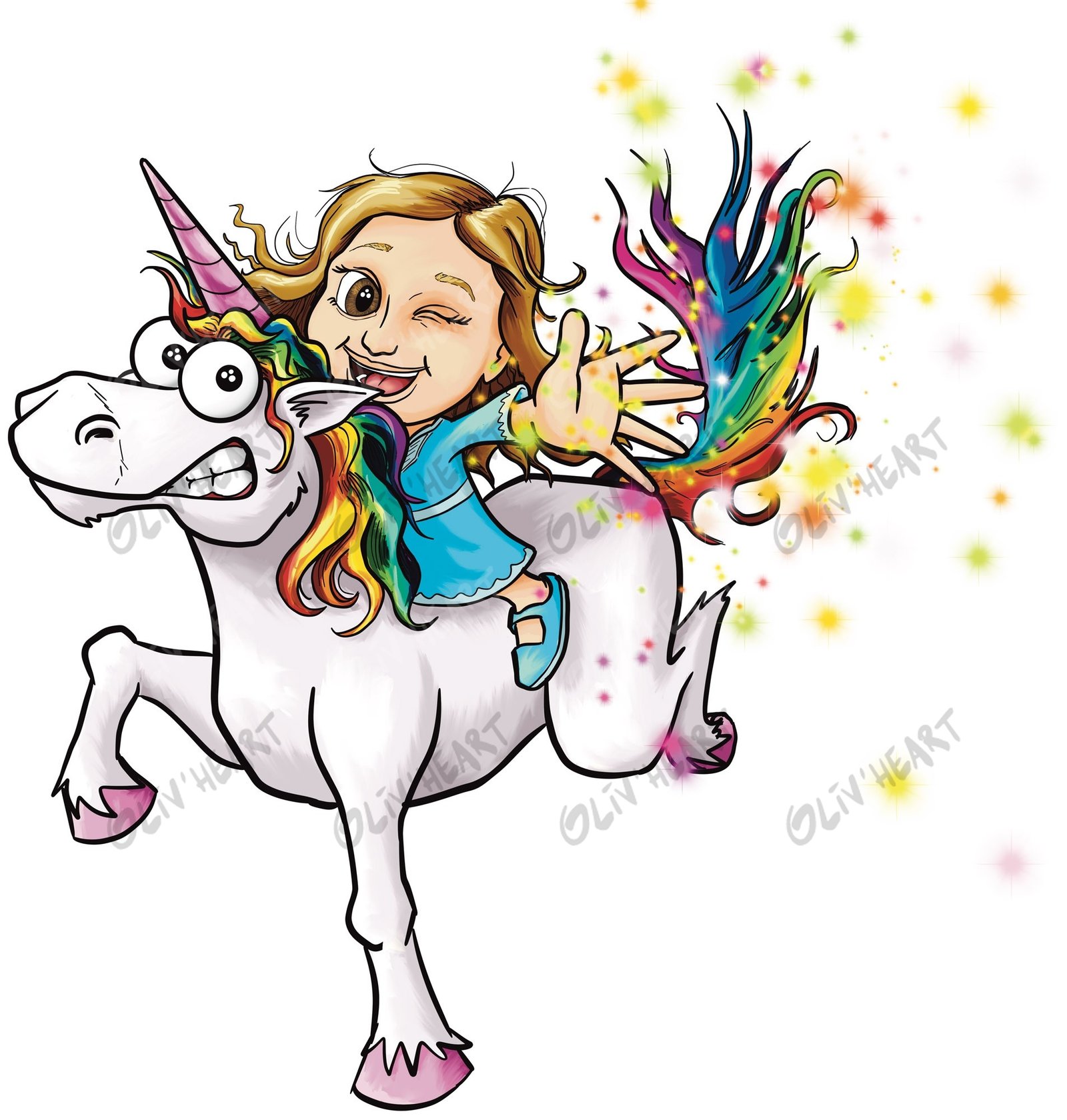Illustration de carton d’invitation : une petite fille sur une licorne arc-en-ciel – Oliv’Heart