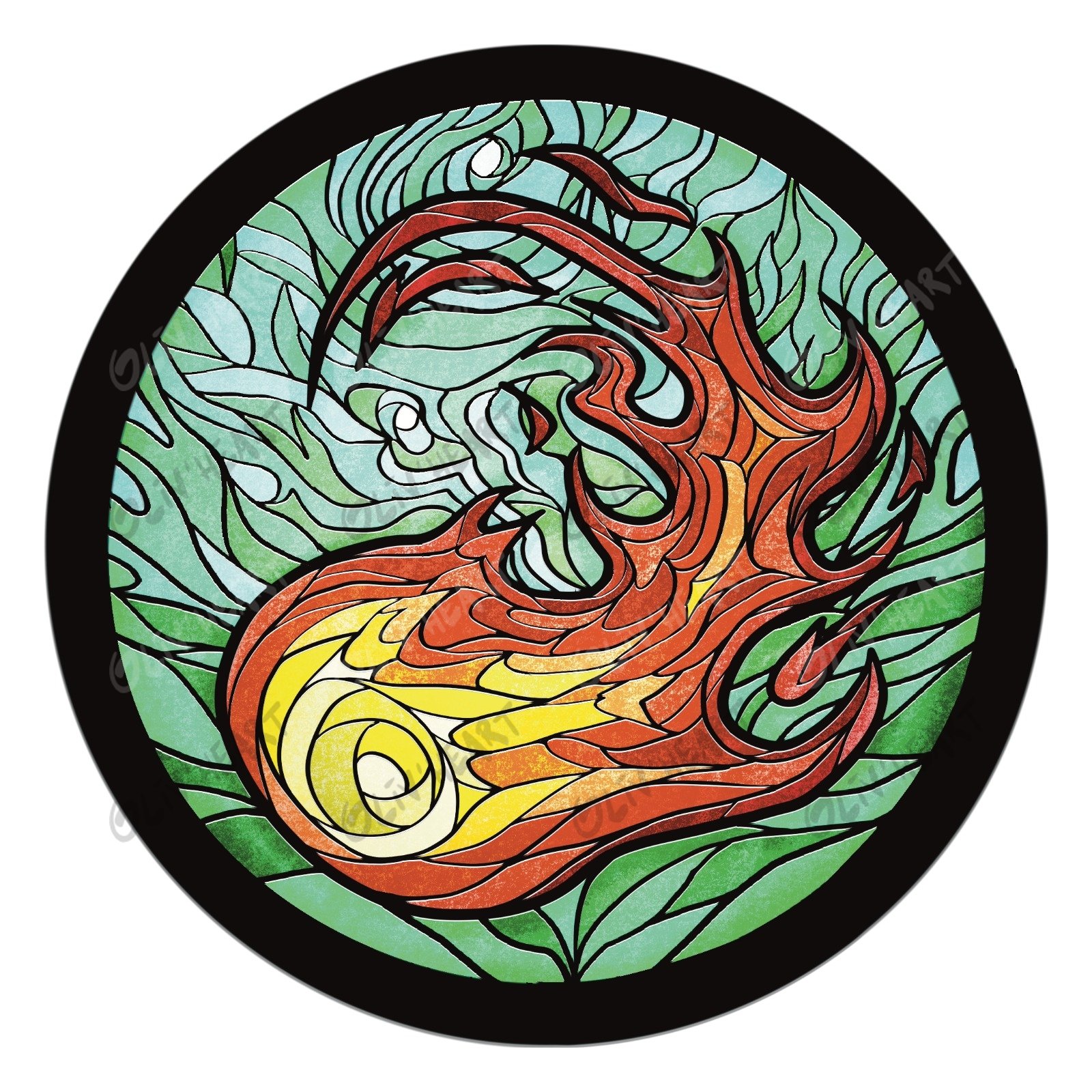 Badge vitrail – Feu 2 Badge vitrail Feu – illustration originale Oliv’Heart