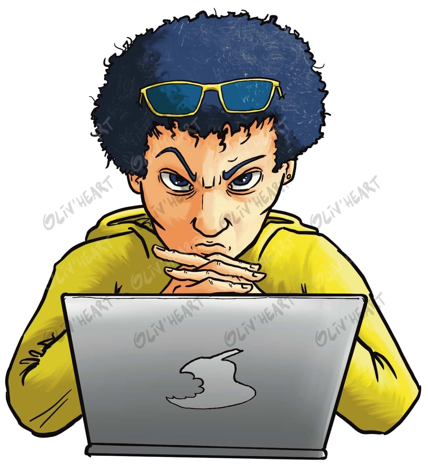 Hacker derrière son ordinateur – illustration d'Olivier Souriou (Oliv'Heart) pour « 3 enquêtes de police scientifique » Physique-Chimie 1re, Ellipses