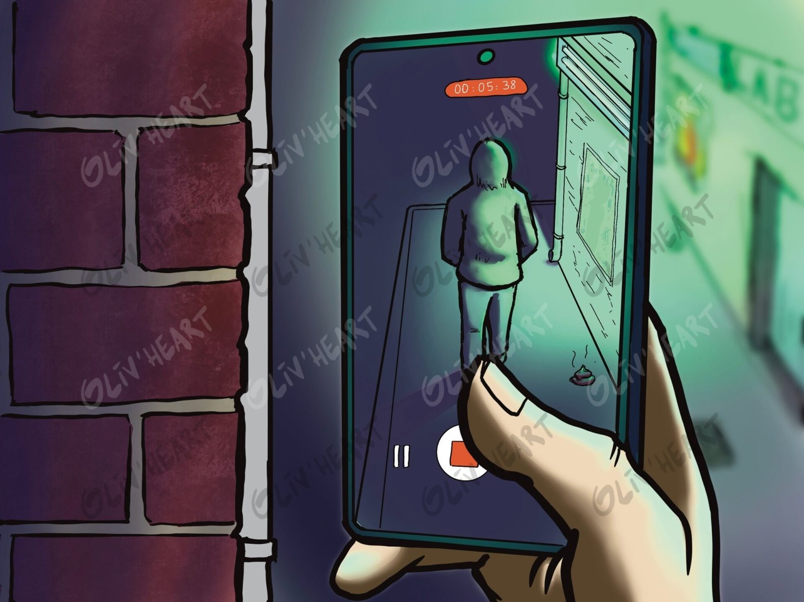 Suspect filmé au téléphone – illustration d'Olivier Souriou (Oliv'Heart) pour « 3 enquêtes de police scientifique » Physique-Chimie 1re, Ellipses