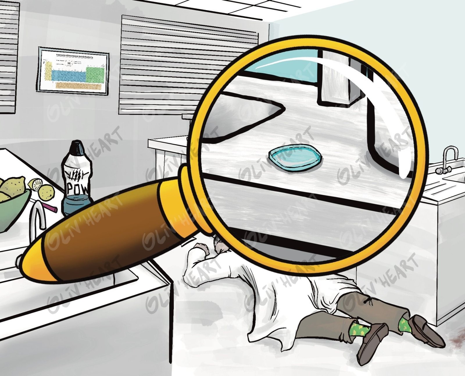 Scène de crime à la loupe – illustration d'Olivier Souriou (Oliv'Heart) pour « 3 enquêtes de police scientifique » Physique-Chimie 1re, Ellipses