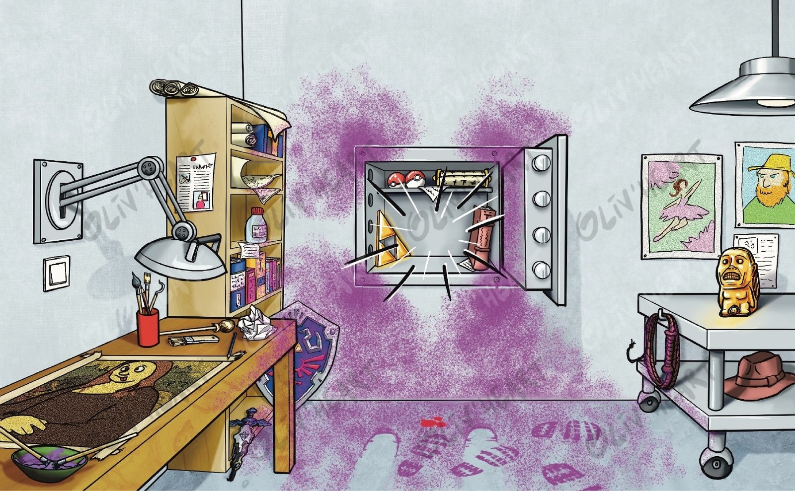Le coffre fracturé de l'atelier – illustration d'Olivier Souriou (Oliv'Heart) pour « 3 enquêtes de police scientifique » Physique-Chimie 1re, Ellipses