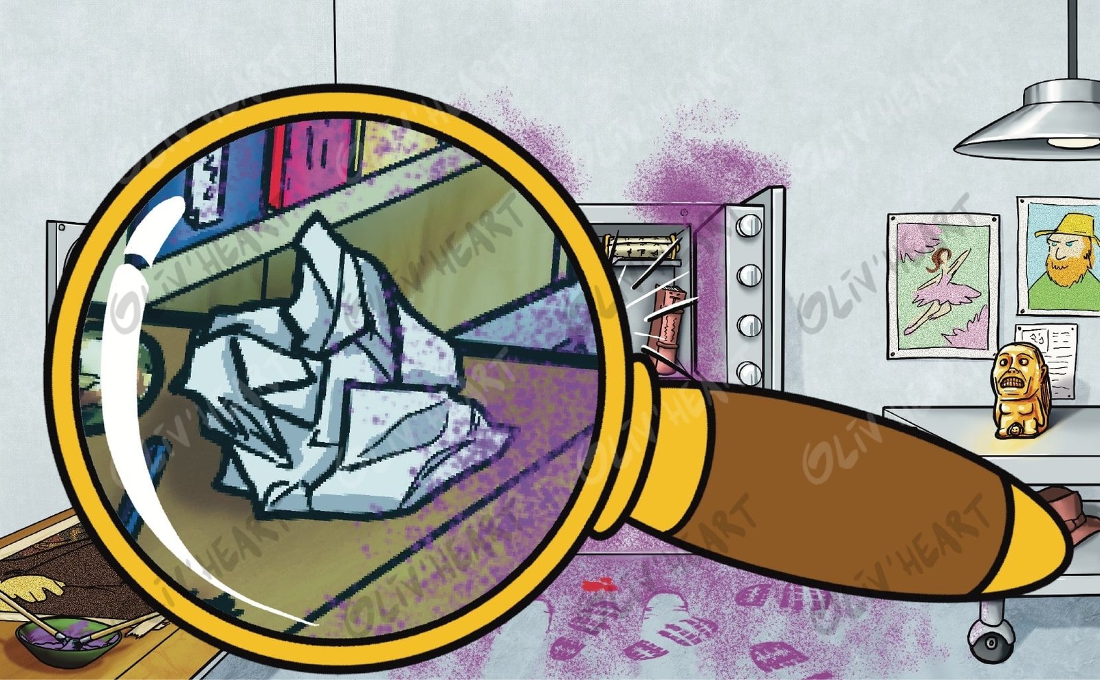Indice à la loupe : papier froissé – illustration d'Olivier Souriou (Oliv'Heart) pour « 3 enquêtes de police scientifique » Physique-Chimie 1re, Ellipses