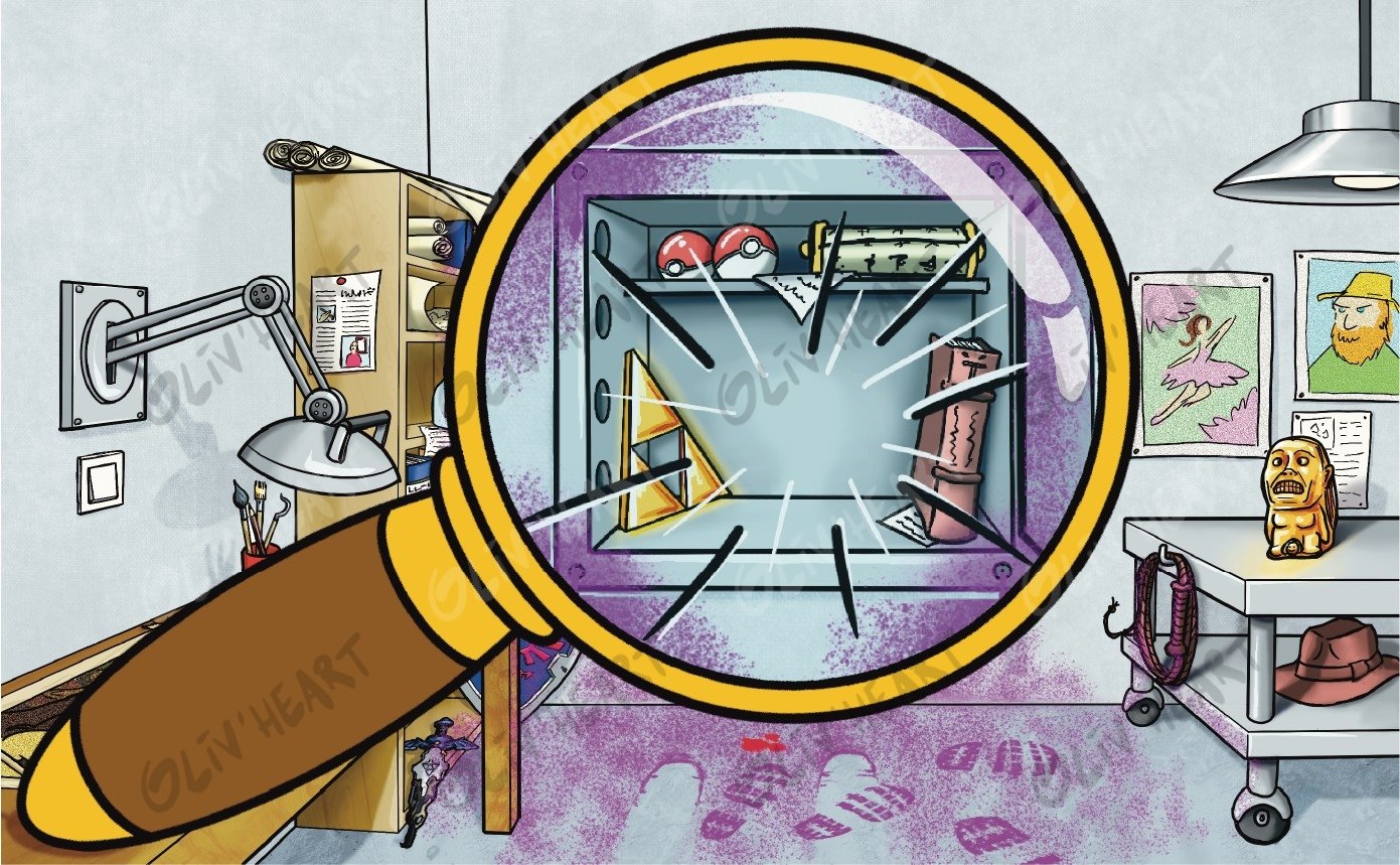 Indice à la loupe : le coffre – illustration d'Olivier Souriou (Oliv'Heart) pour « 3 enquêtes de police scientifique » Physique-Chimie 1re, Ellipses
