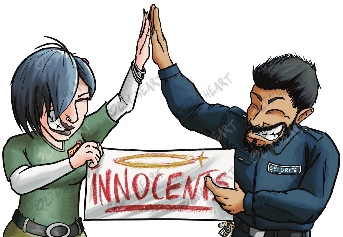 Innocents ! – illustration d'Olivier Souriou (Oliv'Heart) pour « 3 enquêtes de police scientifique » Physique-Chimie 1re, Ellipses