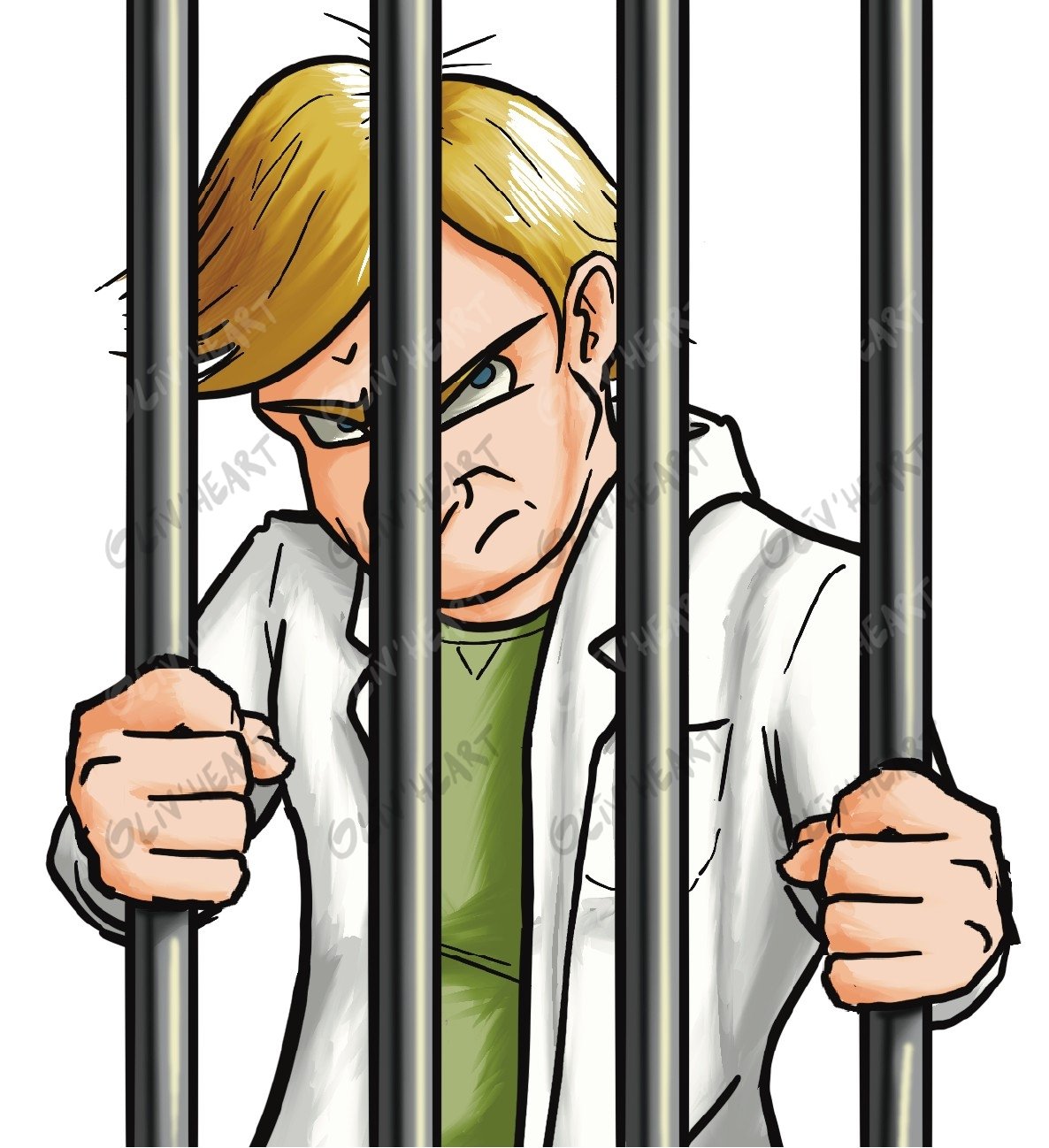 Le coupable derrière les barreaux – illustration d'Olivier Souriou (Oliv'Heart) pour « 3 enquêtes de police scientifique » Physique-Chimie 1re, Ellipses