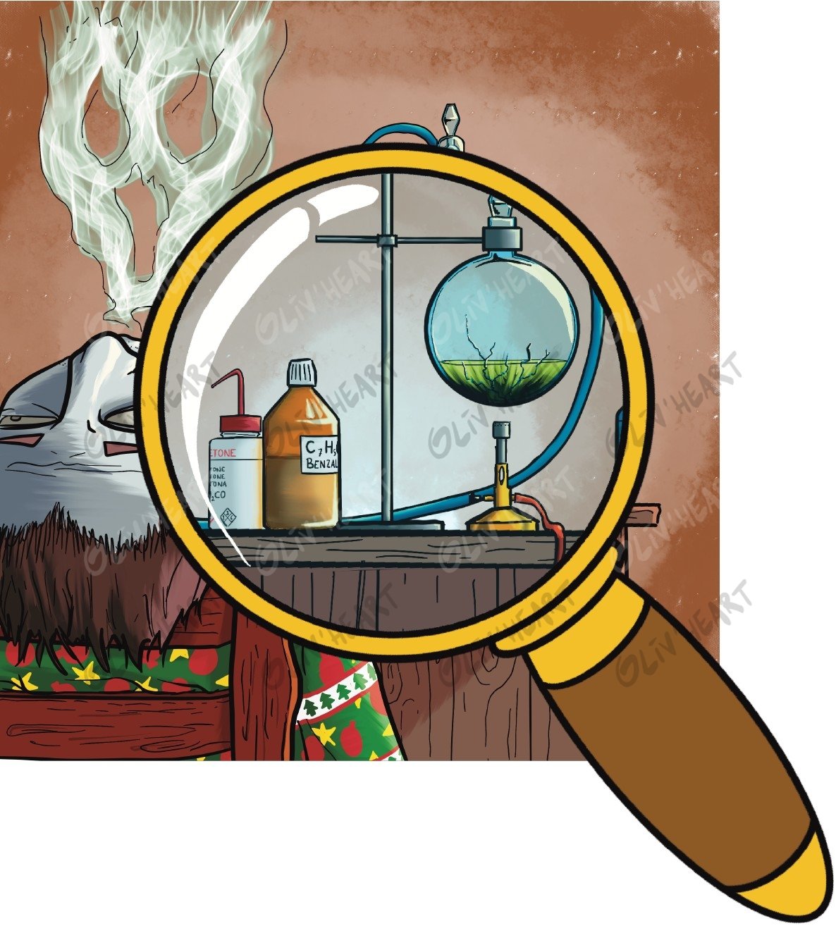 Indice à la loupe : la paillasse – illustration d'Olivier Souriou (Oliv'Heart) pour « 3 enquêtes de police scientifique » Physique-Chimie 1re, Ellipses