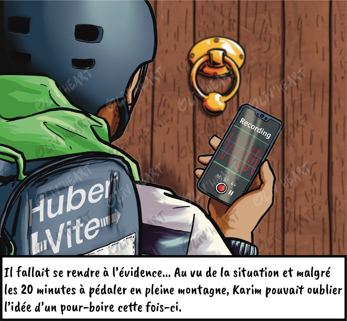 Le livreur – illustration d'Olivier Souriou (Oliv'Heart) pour « 3 enquêtes de police scientifique » Physique-Chimie 1re, Ellipses